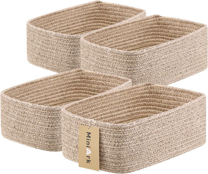 MiniArk Small Storage Baskets for Organizing | Closet Organizer Bins | Shelf Toy Basket | Woven Rope Baskets | Cube Decorative Box | Shallow Basket | 11.5x7.5x4.7” | 3 Packs Light Pink