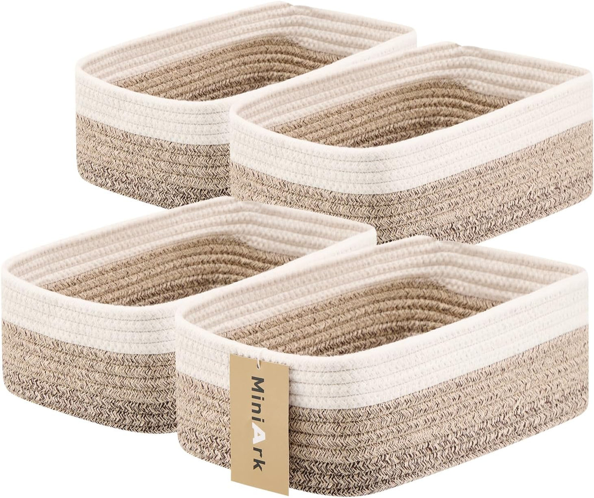 MiniArk Small Storage Baskets for Organizing | Closet Organizer Bins | Shelf Toy Basket | Woven Rope Baskets | Cube Decorative Box | Shallow Basket | 11.5x7.5x4.7” | 3 Packs Light Pink