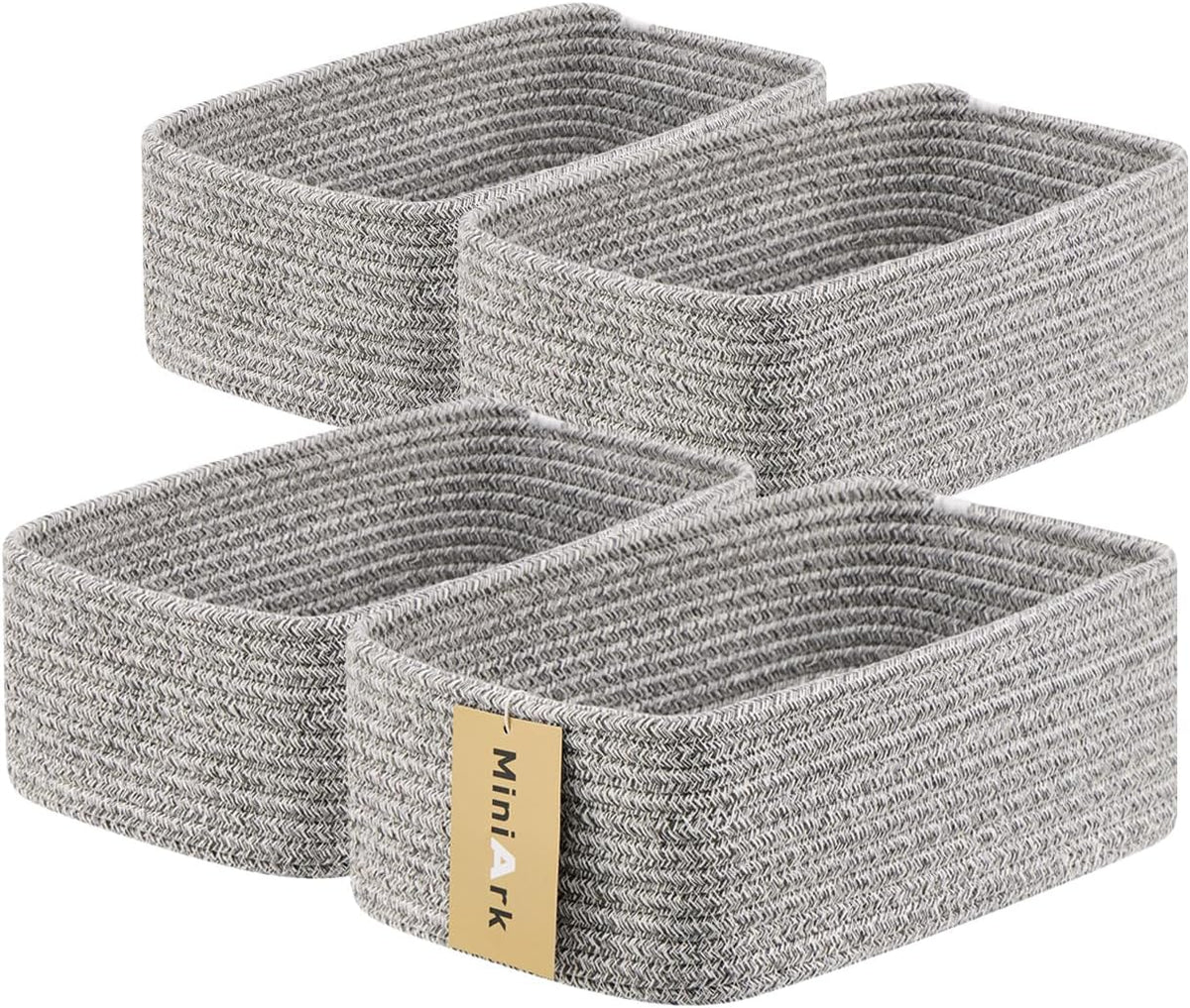 MiniArk Small Storage Baskets for Organizing | Closet Organizer Bins | Shelf Toy Basket | Woven Rope Baskets | Cube Decorative Box | Shallow Basket | 11.5x7.5x4.7” | 3 Packs Light Pink