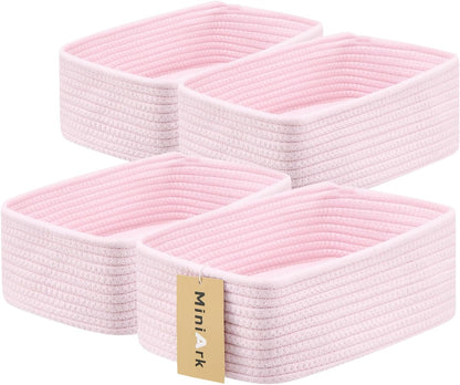 MiniArk Small Storage Baskets for Organizing | Closet Organizer Bins | Shelf Toy Basket | Woven Rope Baskets | Cube Decorative Box | Shallow Basket | 11.5x7.5x4.7” | 3 Packs Light Pink