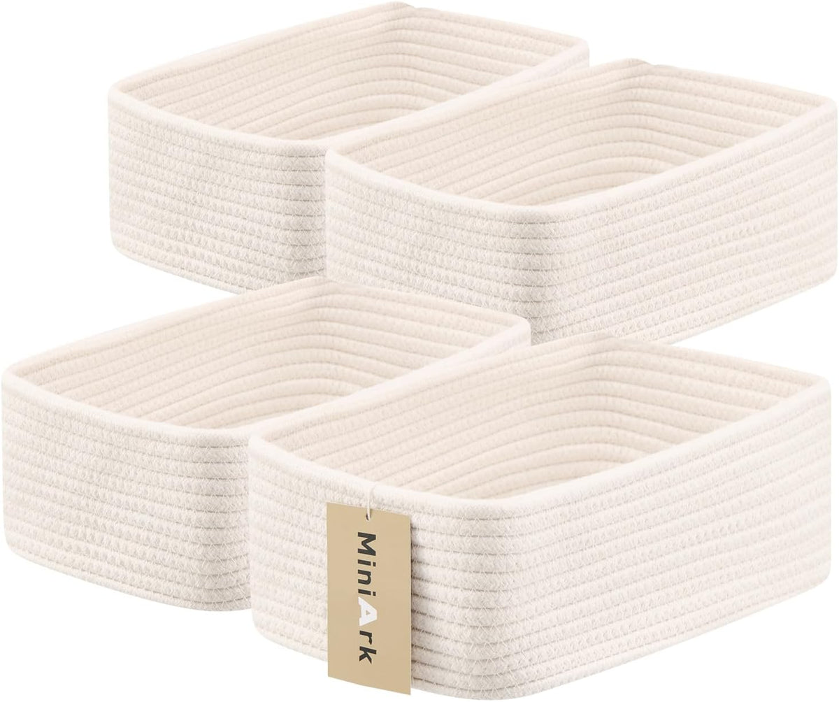 MiniArk Small Storage Baskets for Organizing | Closet Organizer Bins | Shelf Toy Basket | Woven Rope Baskets | Cube Decorative Box | Shallow Basket | 11.5x7.5x4.7” | 3 Packs Light Pink