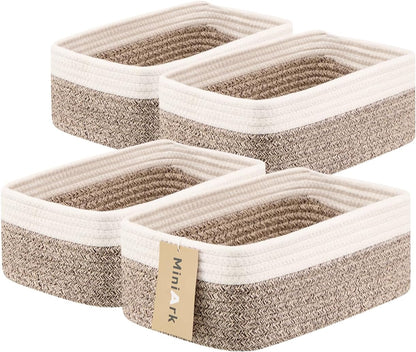MiniArk Small Storage Baskets for Organizing | Closet Organizer Bins | Shelf Toy Basket | Woven Rope Baskets | Cube Decorative Box | Shallow Basket | 11.5x7.5x4.7” | 3 Packs Light Pink