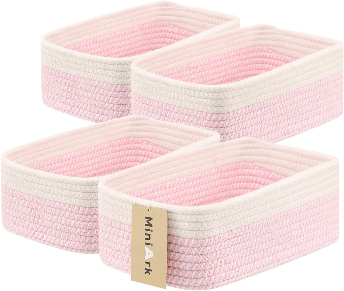 MiniArk Small Storage Baskets for Organizing | Closet Organizer Bins | Shelf Toy Basket | Woven Rope Baskets | Cube Decorative Box | Shallow Basket | 11.5x7.5x4.7” | 3 Packs Light Pink