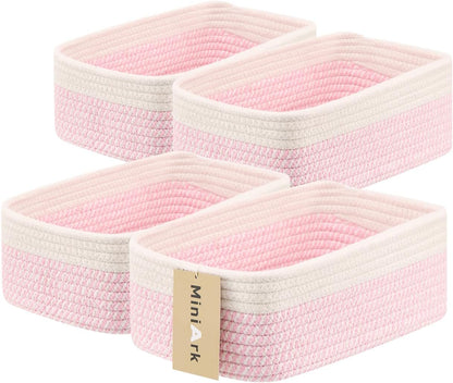 MiniArk Small Storage Baskets for Organizing | Closet Organizer Bins | Shelf Toy Basket | Woven Rope Baskets | Cube Decorative Box | Shallow Basket | 11.5x7.5x4.7” | 3 Packs Light Pink