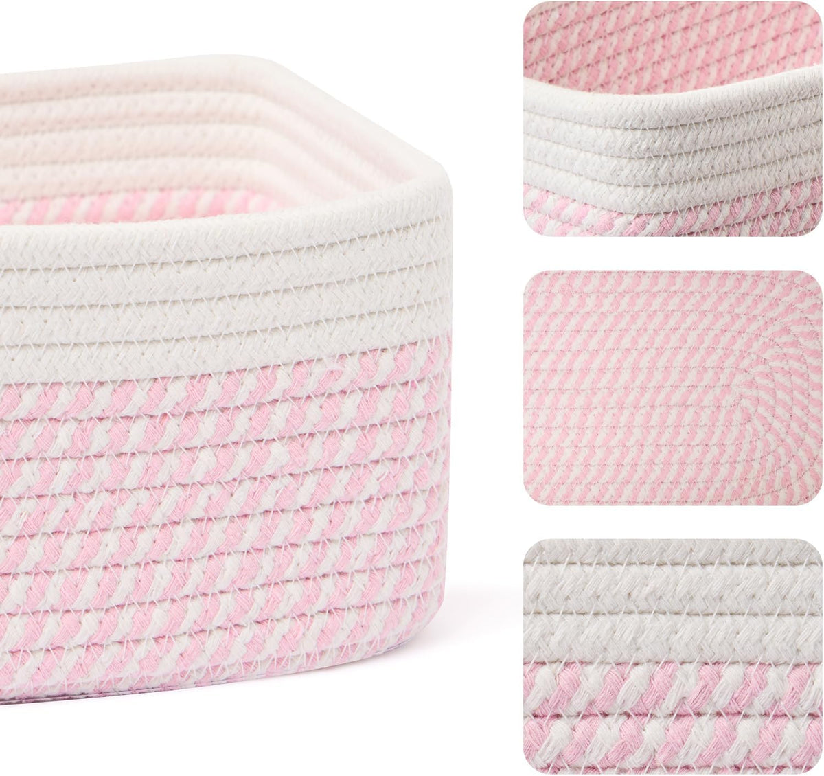 MiniArk Small Storage Baskets for Organizing | Closet Organizer Bins | Shelf Toy Basket | Woven Rope Baskets | Cube Decorative Box | Shallow Basket | 11.5x7.5x4.7” | 3 Packs Light Pink