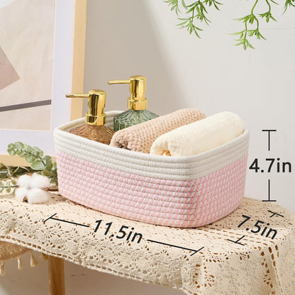 MiniArk Small Storage Baskets for Organizing | Closet Organizer Bins | Shelf Toy Basket | Woven Rope Baskets | Cube Decorative Box | Shallow Basket | 11.5x7.5x4.7” | 3 Packs Light Pink