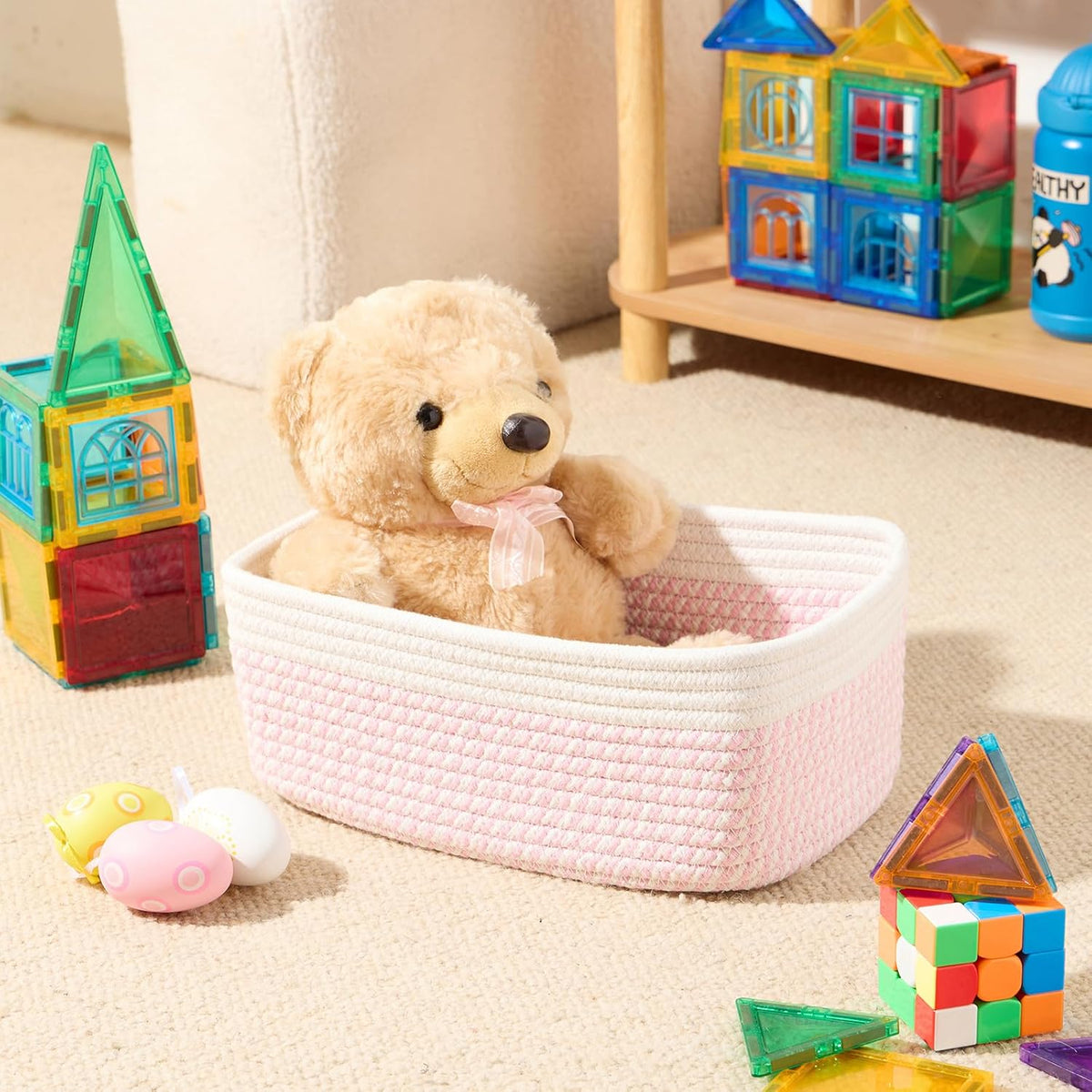 MiniArk Small Storage Baskets for Organizing | Closet Organizer Bins | Shelf Toy Basket | Woven Rope Baskets | Cube Decorative Box | Shallow Basket | 11.5x7.5x4.7” | 3 Packs Light Pink