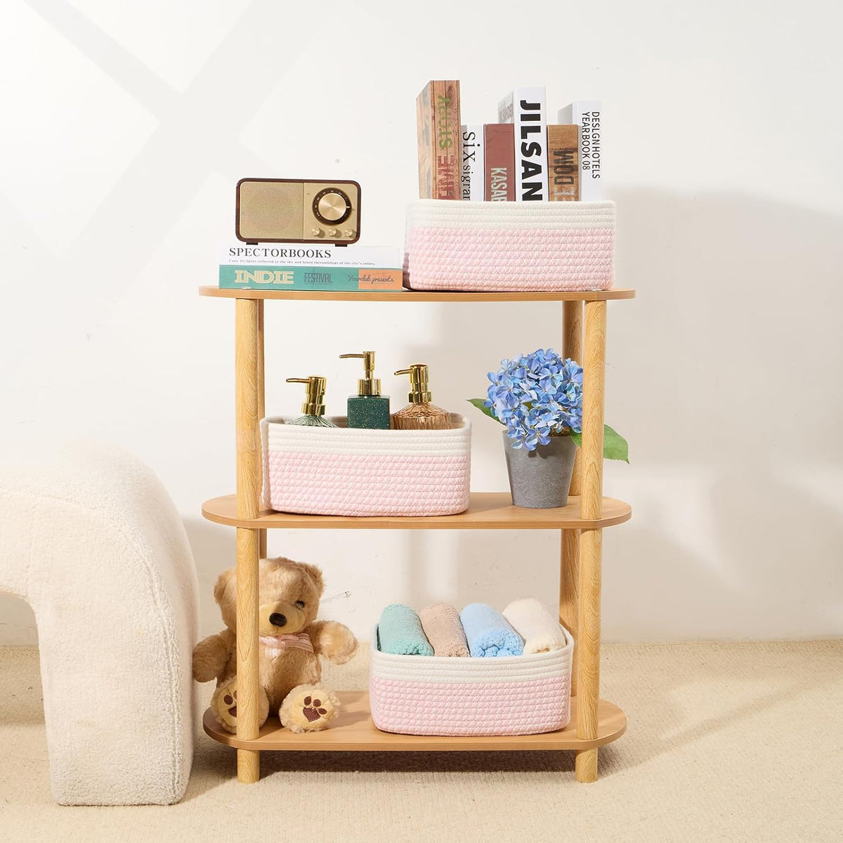 MiniArk Small Storage Baskets for Organizing | Closet Organizer Bins | Shelf Toy Basket | Woven Rope Baskets | Cube Decorative Box | Shallow Basket | 11.5x7.5x4.7” | 3 Packs Light Pink
