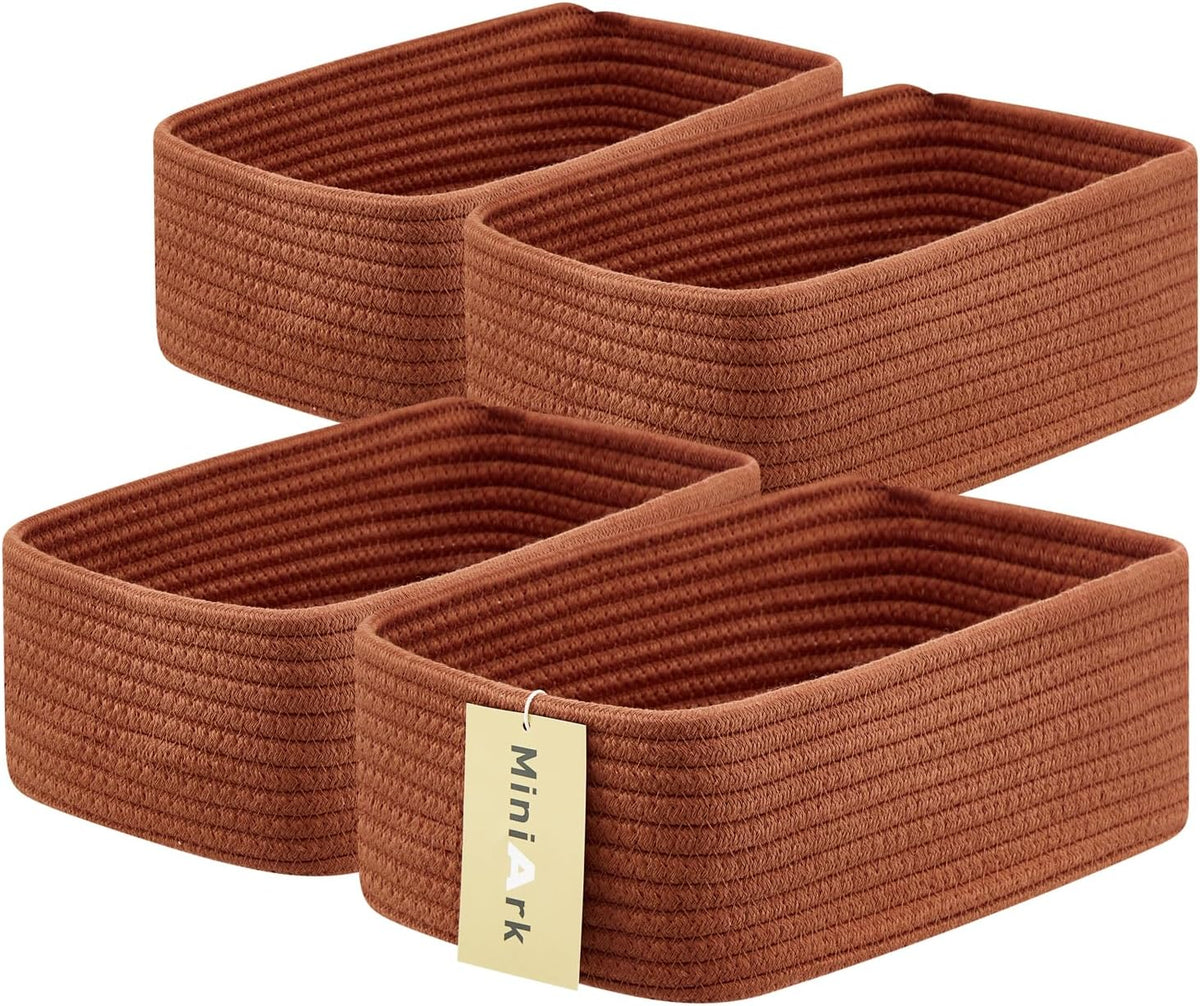 MiniArk Small Storage Baskets for Organizing | Closet Organizer Bins | Shelf Toy Basket | Woven Rope Baskets | Cube Decorative Box | Shallow Basket | 11.5x7.5x4.7” | 3 Packs Light Pink