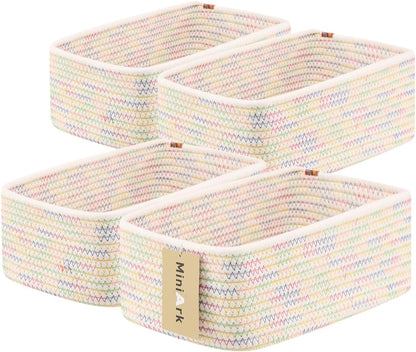 MiniArk Small Storage Baskets for Organizing | Closet Organizer Bins | Shelf Toy Basket | Woven Rope Baskets | Cube Decorative Box | Shallow Basket | 11.5x7.5x4.7” | 3 Packs Light Pink