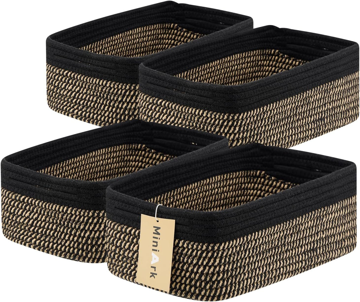 MiniArk Small Storage Baskets for Organizing | Closet Organizer Bins | Shelf Toy Basket | Woven Rope Baskets | Cube Decorative Box | Shallow Basket | 11.5x7.5x4.7” | 3 Packs Light Pink
