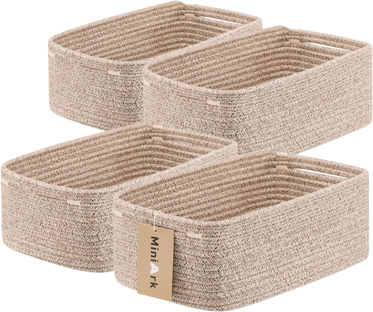 MiniArk Small Storage Baskets for Organizing | Closet Organizer Bins | Shelf Toy Basket | Woven Rope Baskets | Cube Decorative Box | Shallow Basket | 11.5x7.5x4.7” | 3 Packs Light Pink