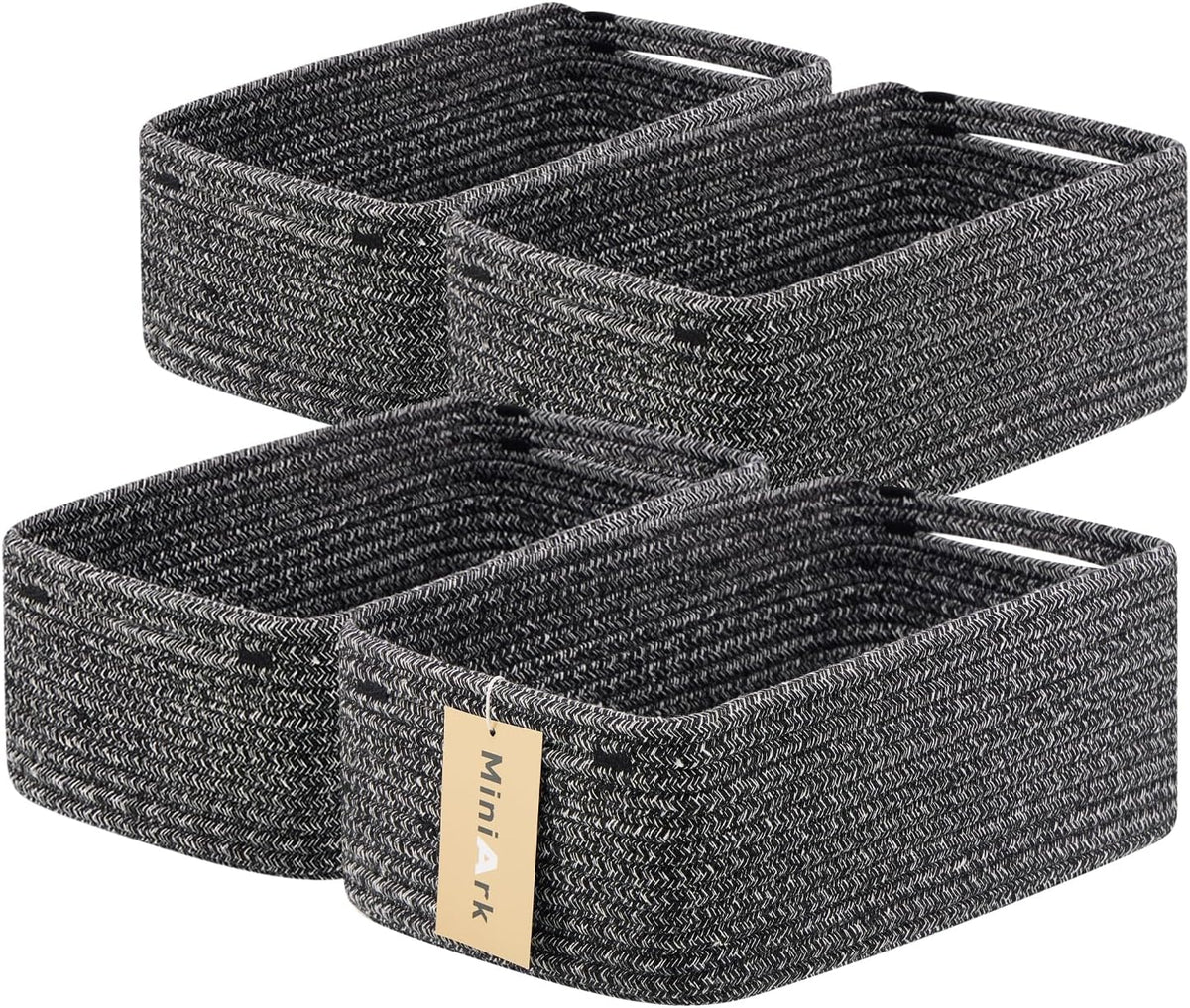 MiniArk Small Storage Baskets for Organizing | Closet Organizer Bins | Shelf Toy Basket | Woven Rope Baskets | Cube Decorative Box | Shallow Basket | 11.5x7.5x4.7” | 3 Packs Light Pink
