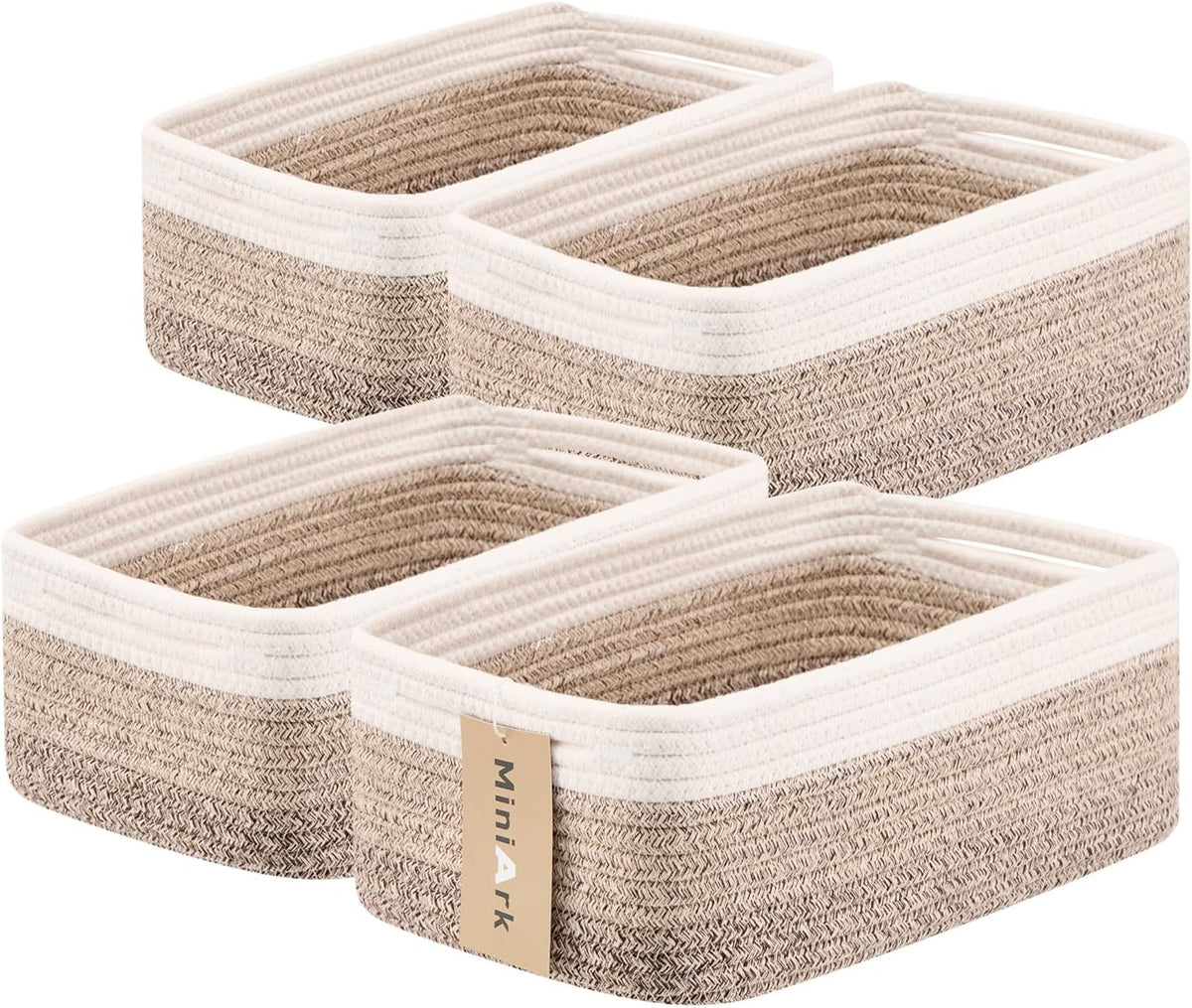 MiniArk Small Storage Baskets for Organizing | Closet Organizer Bins | Shelf Toy Basket | Woven Rope Baskets | Cube Decorative Box | Shallow Basket | 11.5x7.5x4.7” | 3 Packs Light Pink