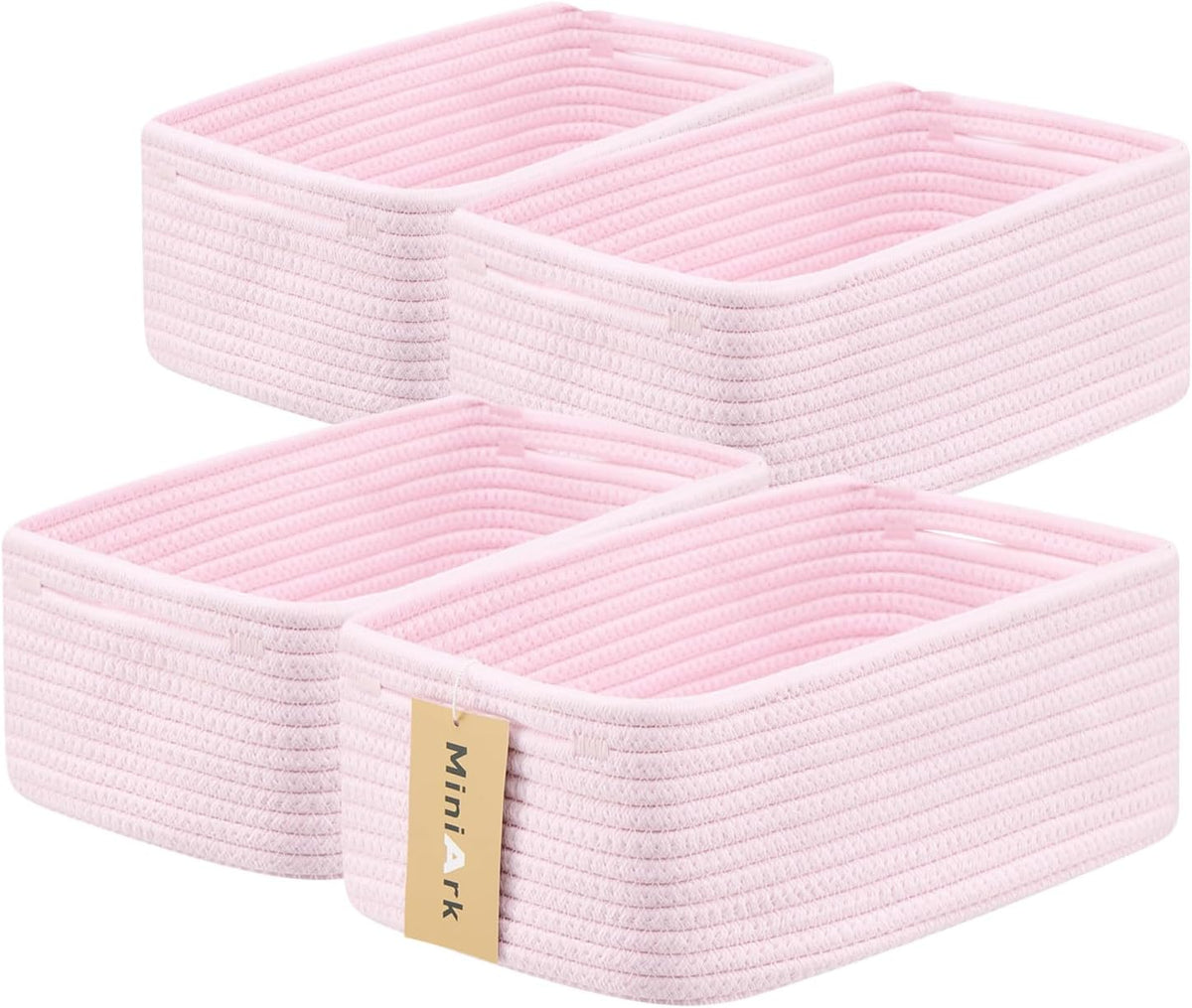 MiniArk Small Storage Baskets for Organizing | Closet Organizer Bins | Shelf Toy Basket | Woven Rope Baskets | Cube Decorative Box | Shallow Basket | 11.5x7.5x4.7” | 3 Packs Light Pink