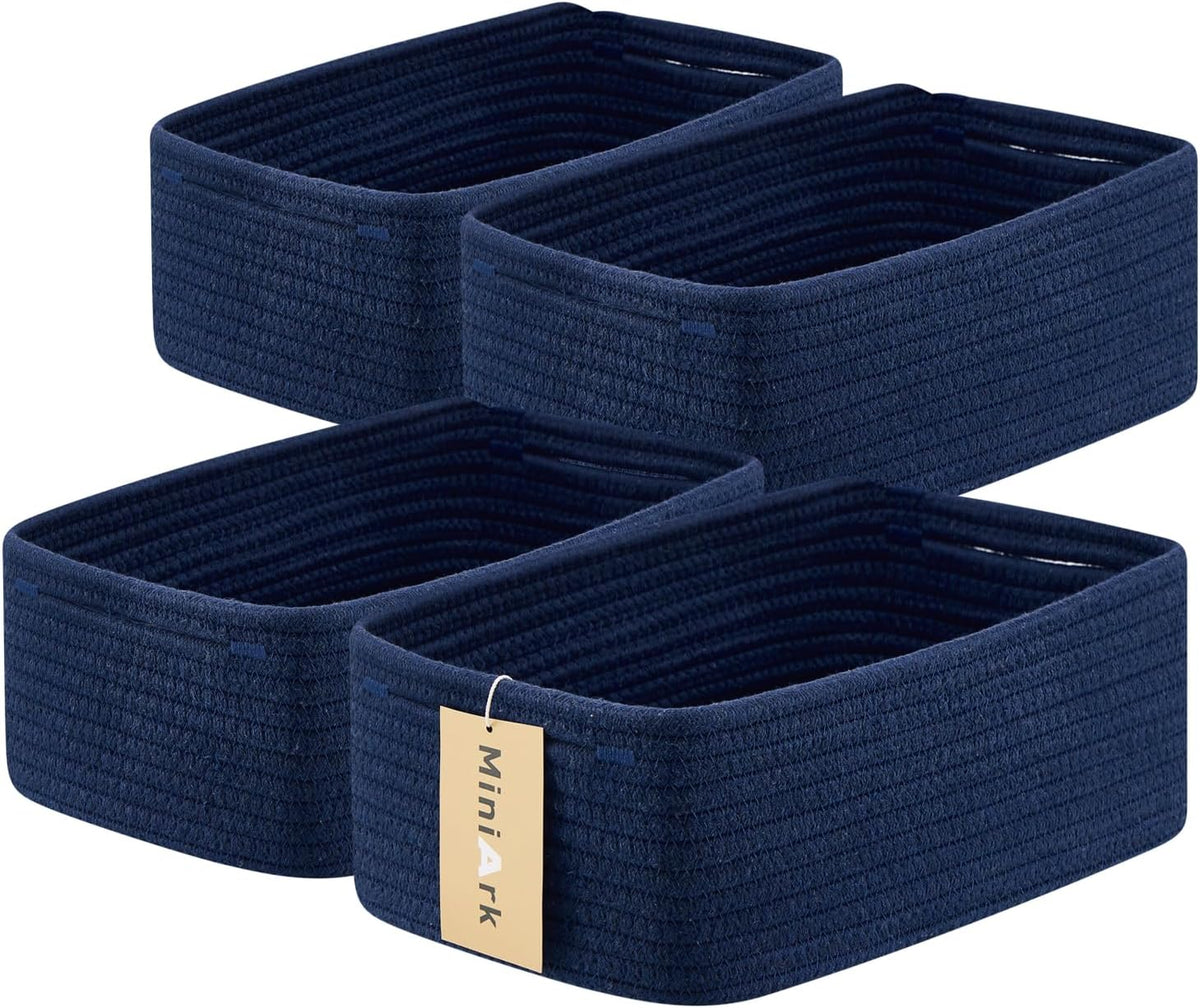 MiniArk Small Storage Baskets for Organizing | Closet Organizer Bins | Shelf Toy Basket | Woven Rope Baskets | Cube Decorative Box | Shallow Basket | 11.5x7.5x4.7” | 3 Packs Light Pink