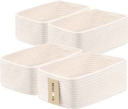 MiniArk Small Storage Baskets for Organizing | Closet Organizer Bins | Shelf Toy Basket | Woven Rope Baskets | Cube Decorative Box | Shallow Basket | 11.5x7.5x4.7” | 3 Packs Light Pink
