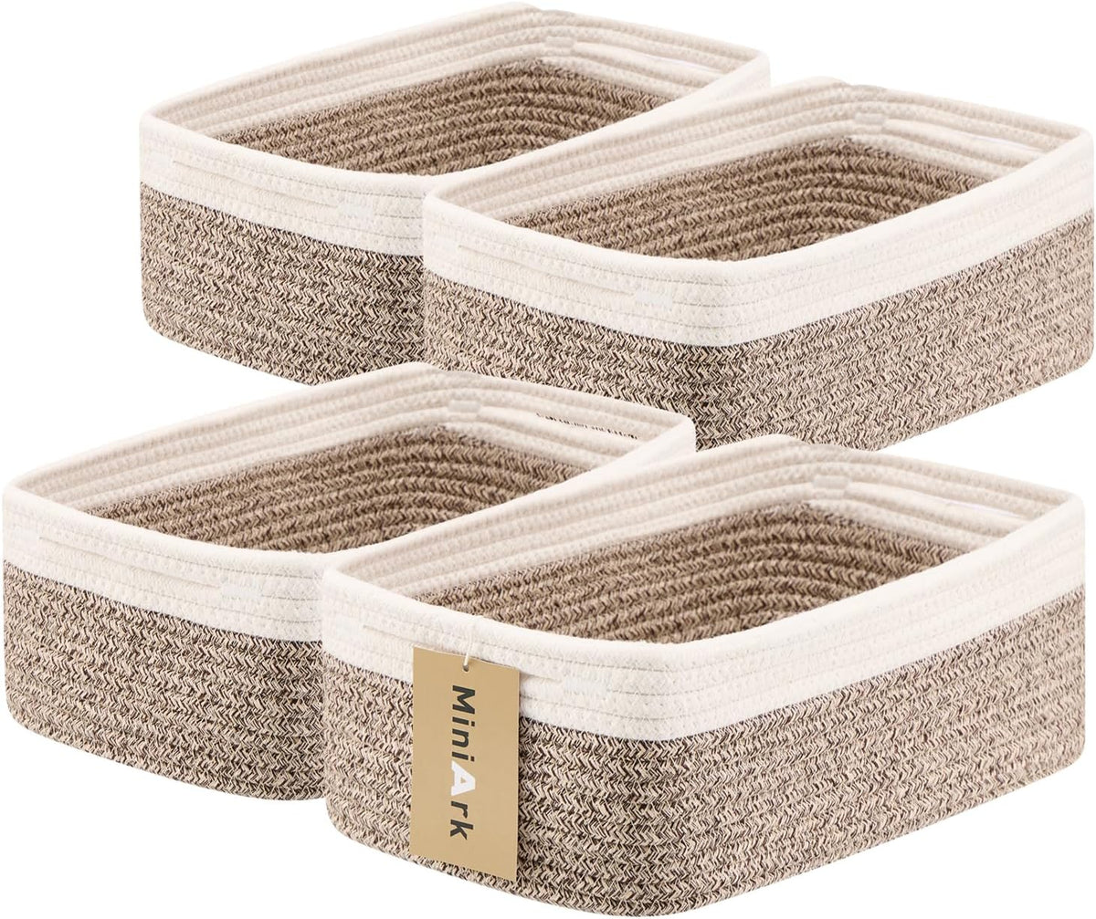 MiniArk Small Storage Baskets for Organizing | Closet Organizer Bins | Shelf Toy Basket | Woven Rope Baskets | Cube Decorative Box | Shallow Basket | 11.5x7.5x4.7” | 3 Packs Light Pink