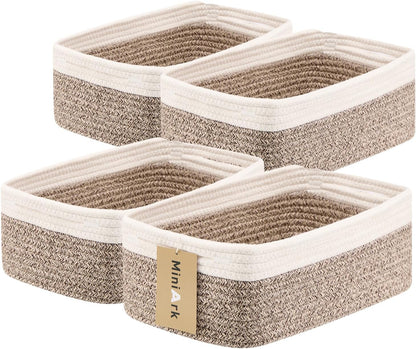 MiniArk Small Storage Baskets for Organizing | Closet Organizer Bins | Shelf Toy Basket | Woven Rope Baskets | Cube Decorative Box | Shallow Basket | 11.5x7.5x4.7” | 3 Packs Light Pink