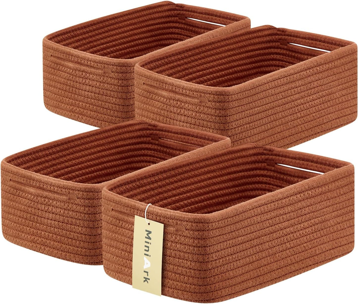 MiniArk Small Storage Baskets for Organizing | Closet Organizer Bins | Shelf Toy Basket | Woven Rope Baskets | Cube Decorative Box | Shallow Basket | 11.5x7.5x4.7” | 3 Packs Light Pink
