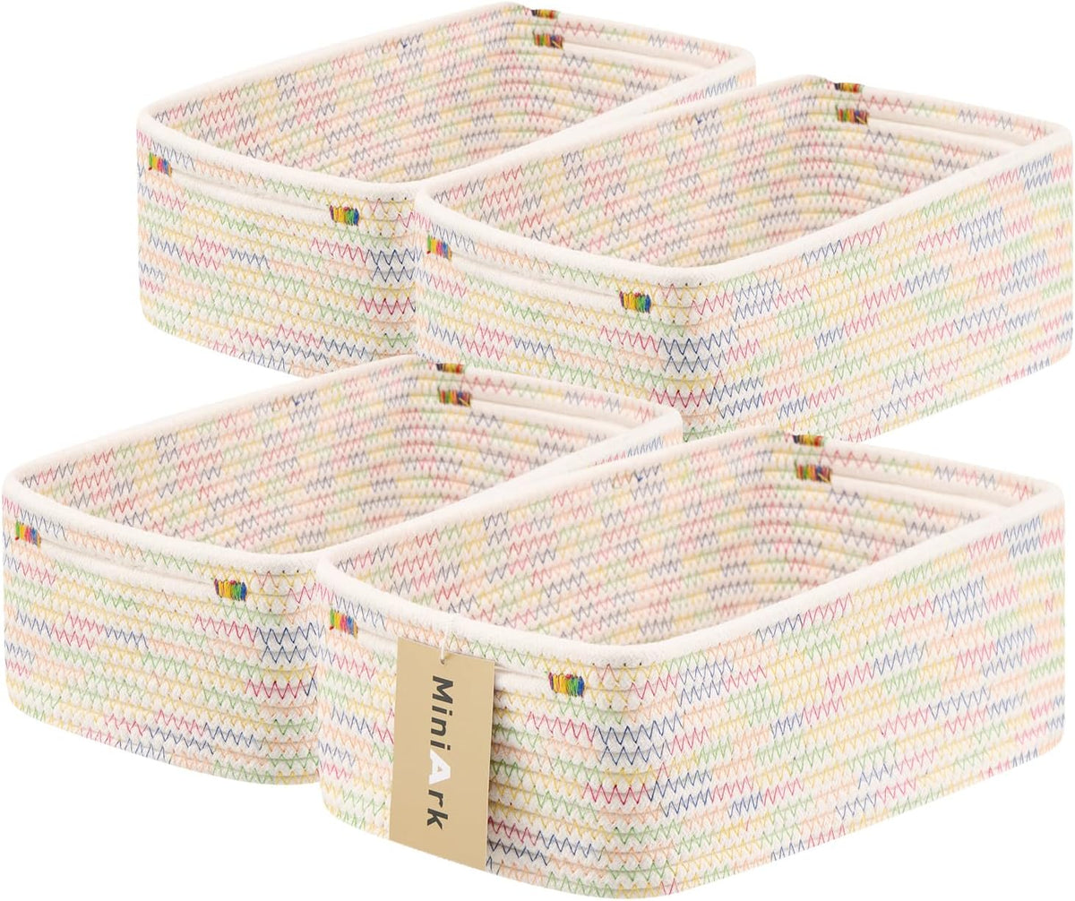 MiniArk Small Storage Baskets for Organizing | Closet Organizer Bins | Shelf Toy Basket | Woven Rope Baskets | Cube Decorative Box | Shallow Basket | 11.5x7.5x4.7” | 3 Packs Light Pink