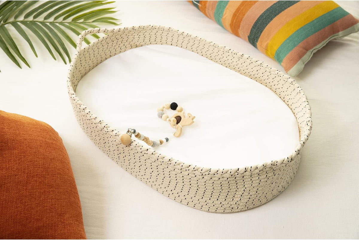 Baby Changing Basket - Soft & Waterproof Dual-Cover, Portable, Moses Basket, Changing Pad for Dresser & Changing Table, Gift for Baby Shower, Organic Cotton Rope