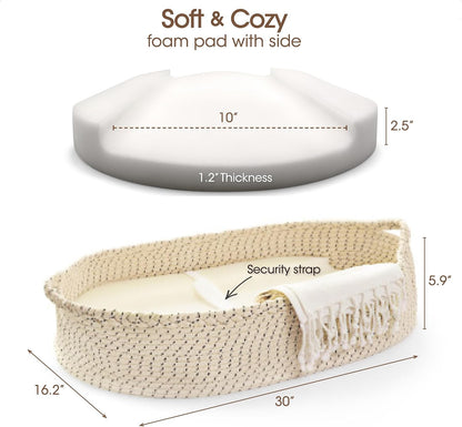 Baby Changing Basket - Soft & Waterproof Dual-Cover, Portable, Moses Basket, Changing Pad for Dresser & Changing Table, Gift for Baby Shower, Organic Cotton Rope