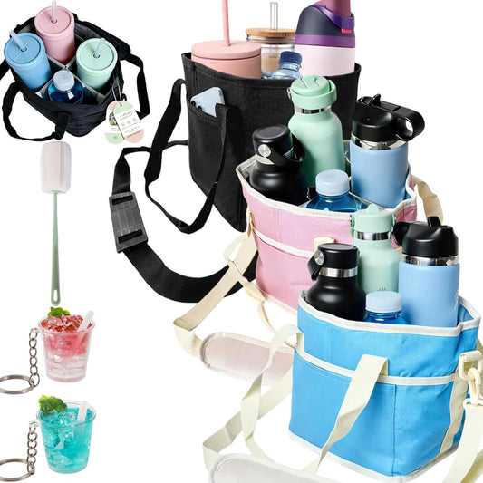 2026 New Family Size 4 Compartment Drink Bag, Reusable Multiple Tumbler Carrier Caddy with Strap, Insulated Drink Carrier Tote Bag for Coffee Cups & Tumblers, Travel (Black+Pink)