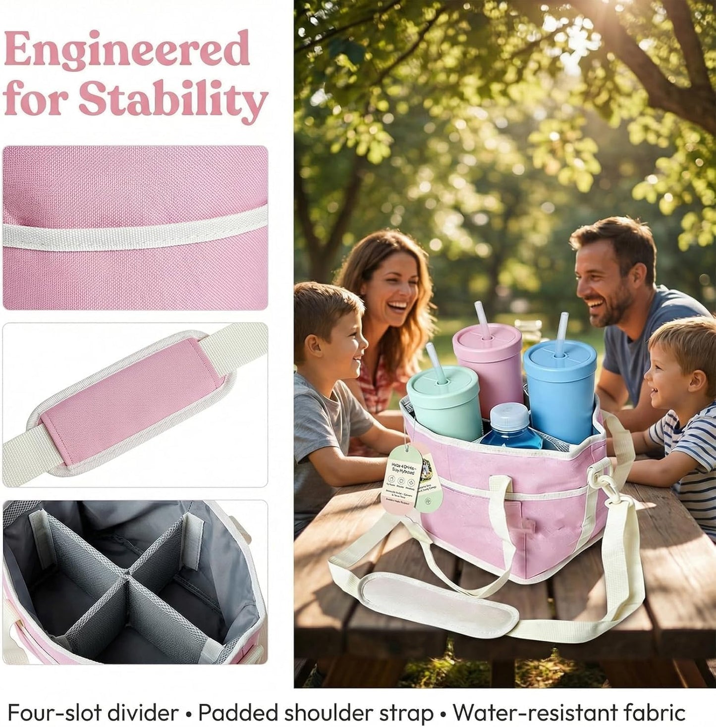 2026 New Family Size 4 Compartment Drink Bag, Reusable Multiple Tumbler Carrier Caddy with Strap, Insulated Drink Carrier Tote Bag for Coffee Cups & Tumblers, Travel (Black+Pink)