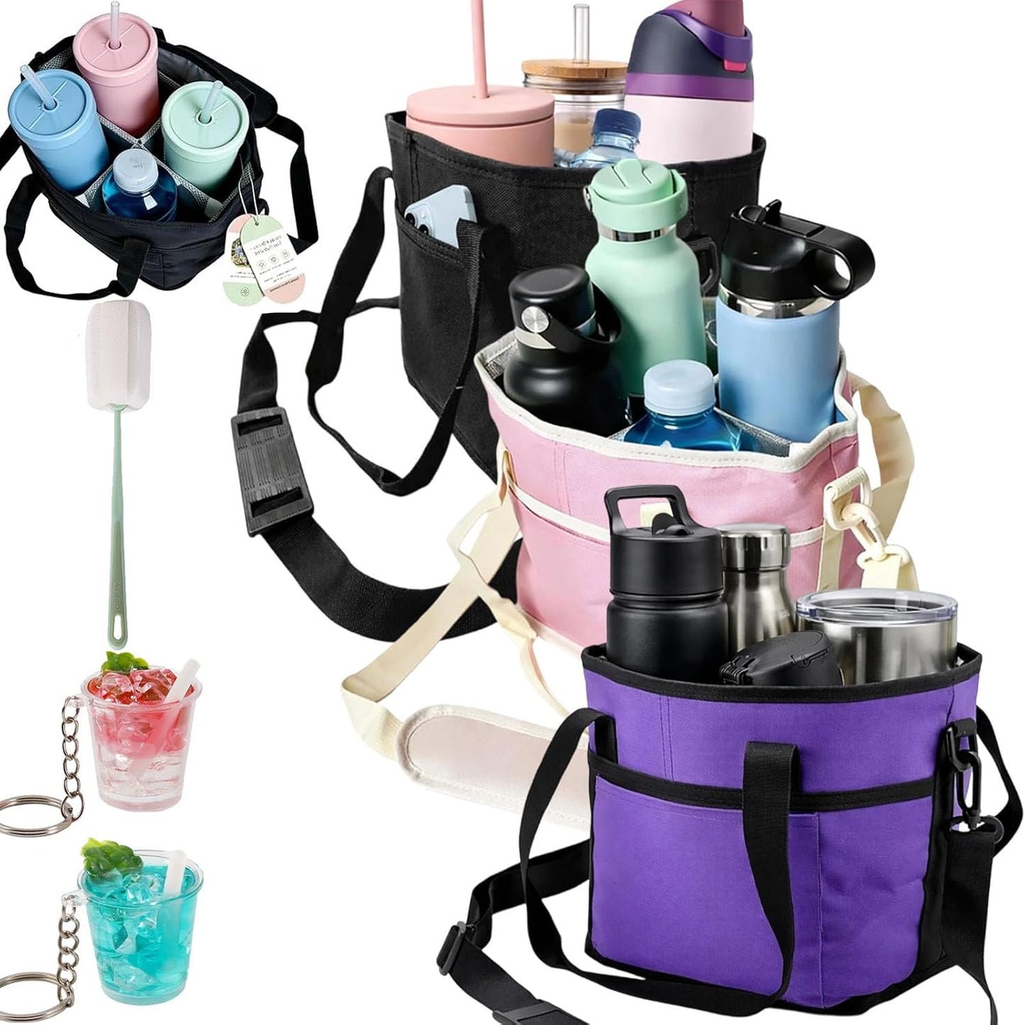 2026 New Family Size 4 Compartment Drink Bag, Reusable Multiple Tumbler Carrier Caddy with Strap, Insulated Drink Carrier Tote Bag for Coffee Cups & Tumblers, Travel (Black+Pink)