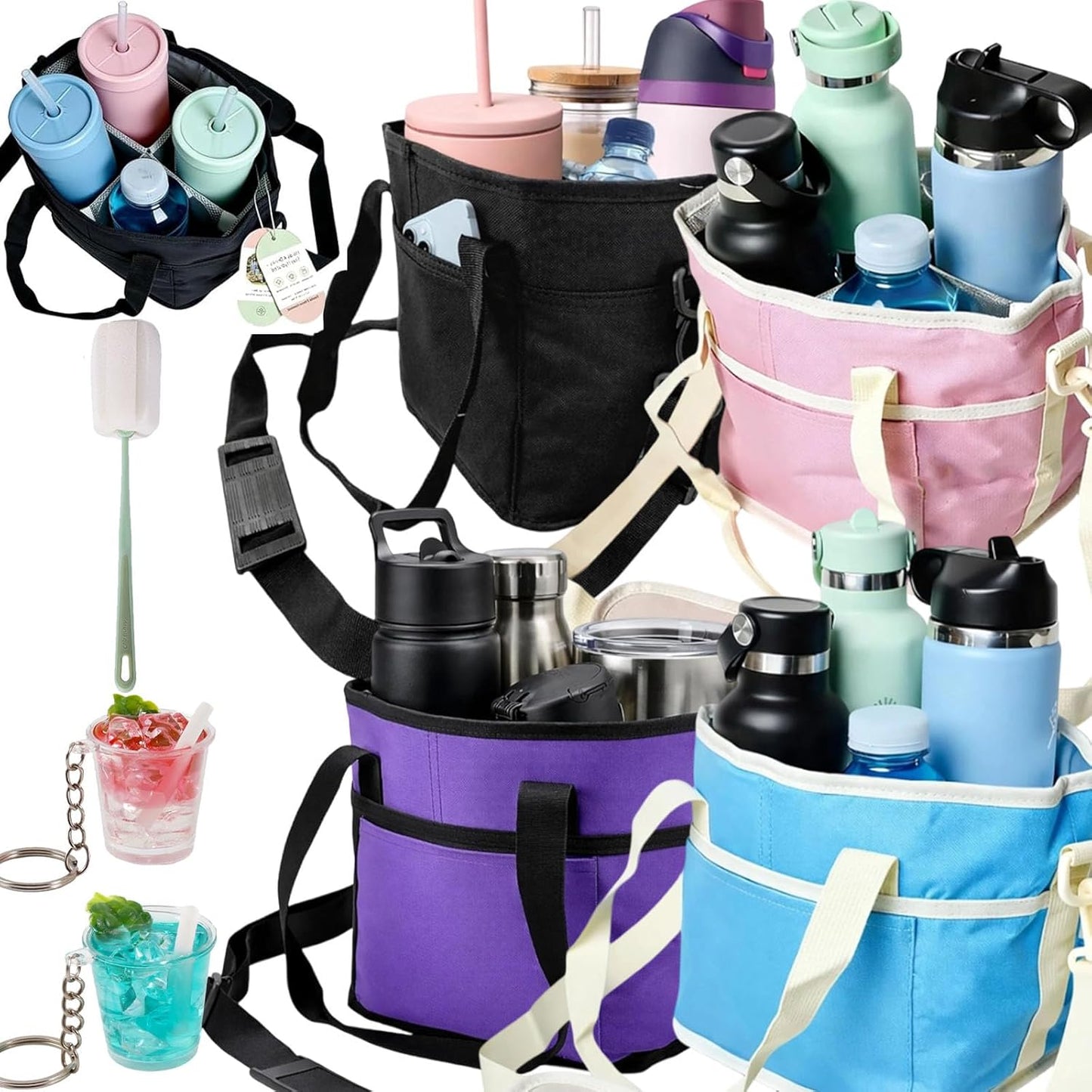 2026 New Family Size 4 Compartment Drink Bag, Reusable Multiple Tumbler Carrier Caddy with Strap, Insulated Drink Carrier Tote Bag for Coffee Cups & Tumblers, Travel (Black+Pink)