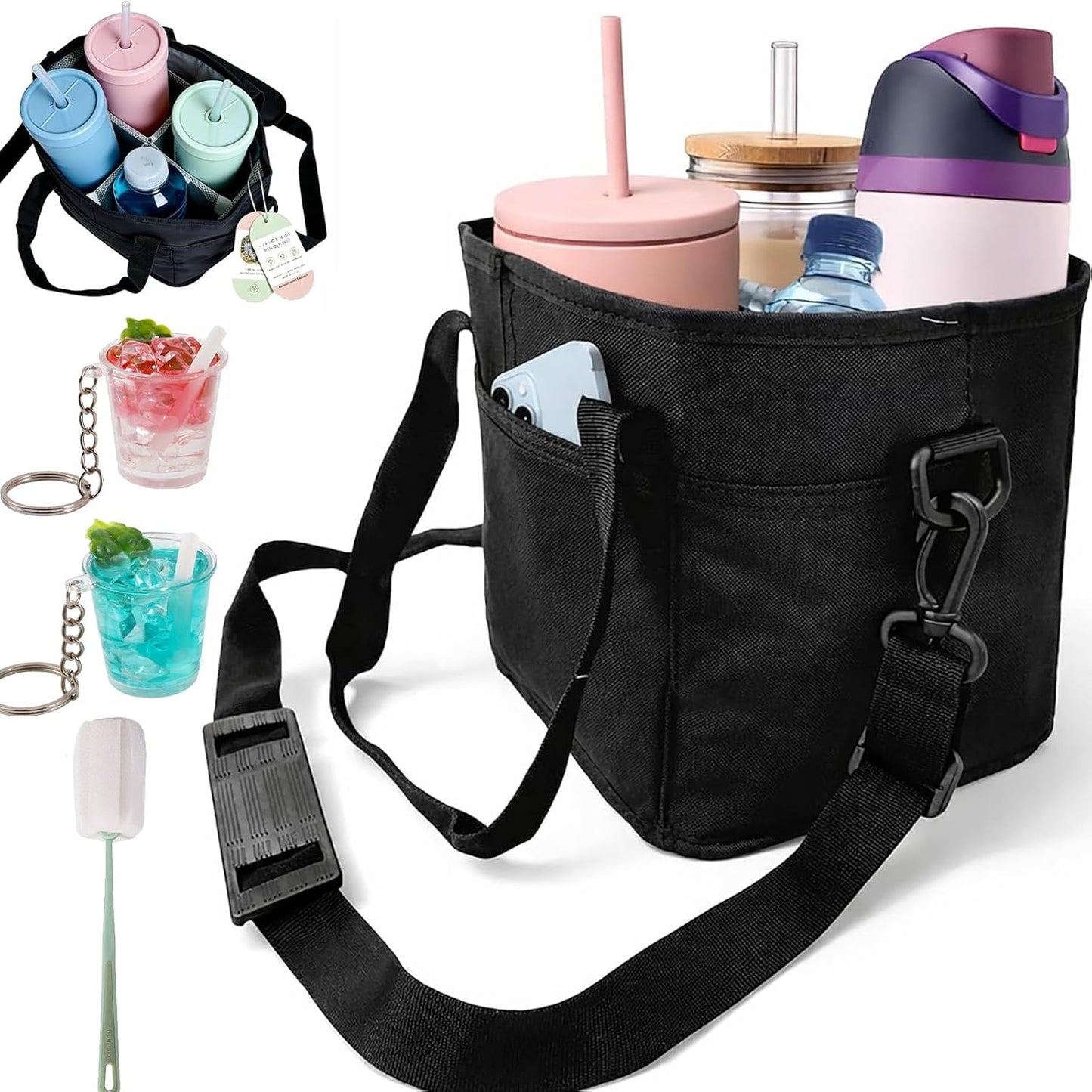 2026 New Family Size 4 Compartment Drink Bag, Reusable Multiple Tumbler Carrier Caddy with Strap, Insulated Drink Carrier Tote Bag for Coffee Cups & Tumblers, Travel (Black+Pink)