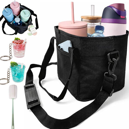 2026 New Family Size 4 Compartment Drink Bag, Reusable Multiple Tumbler Carrier Caddy with Strap, Insulated Drink Carrier Tote Bag for Coffee Cups & Tumblers, Travel (Black+Pink)