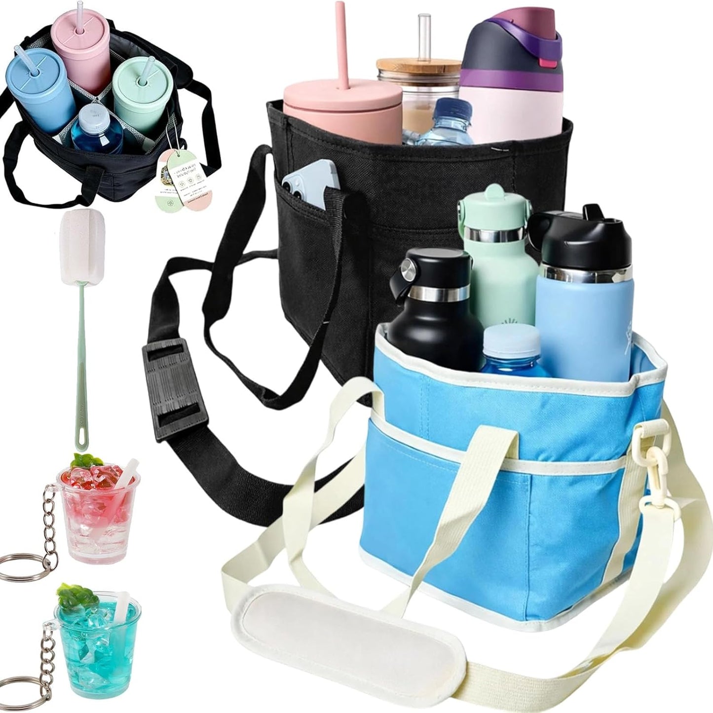 2026 New Family Size 4 Compartment Drink Bag, Reusable Multiple Tumbler Carrier Caddy with Strap, Insulated Drink Carrier Tote Bag for Coffee Cups & Tumblers, Travel (Black+Pink)