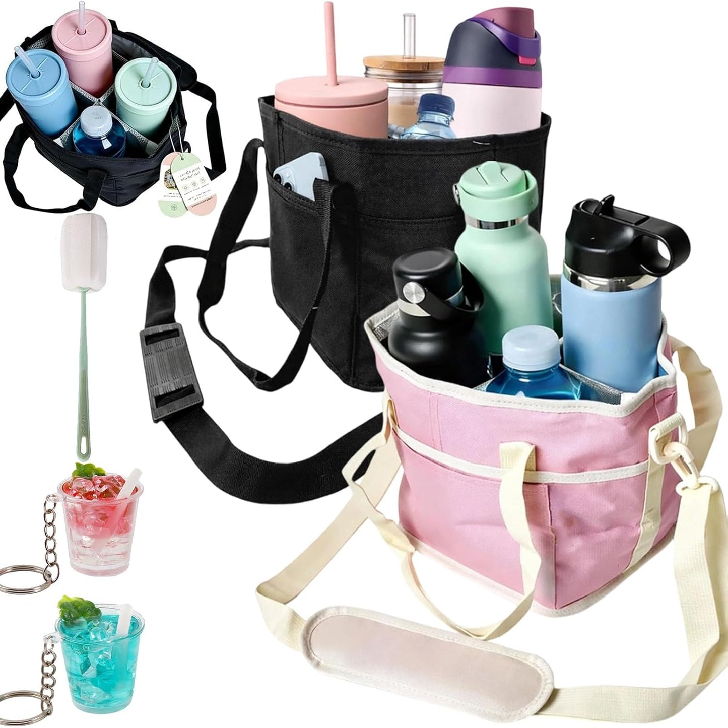 2026 New Family Size 4 Compartment Drink Bag, Reusable Multiple Tumbler Carrier Caddy with Strap, Insulated Drink Carrier Tote Bag for Coffee Cups & Tumblers, Travel (Black+Pink)