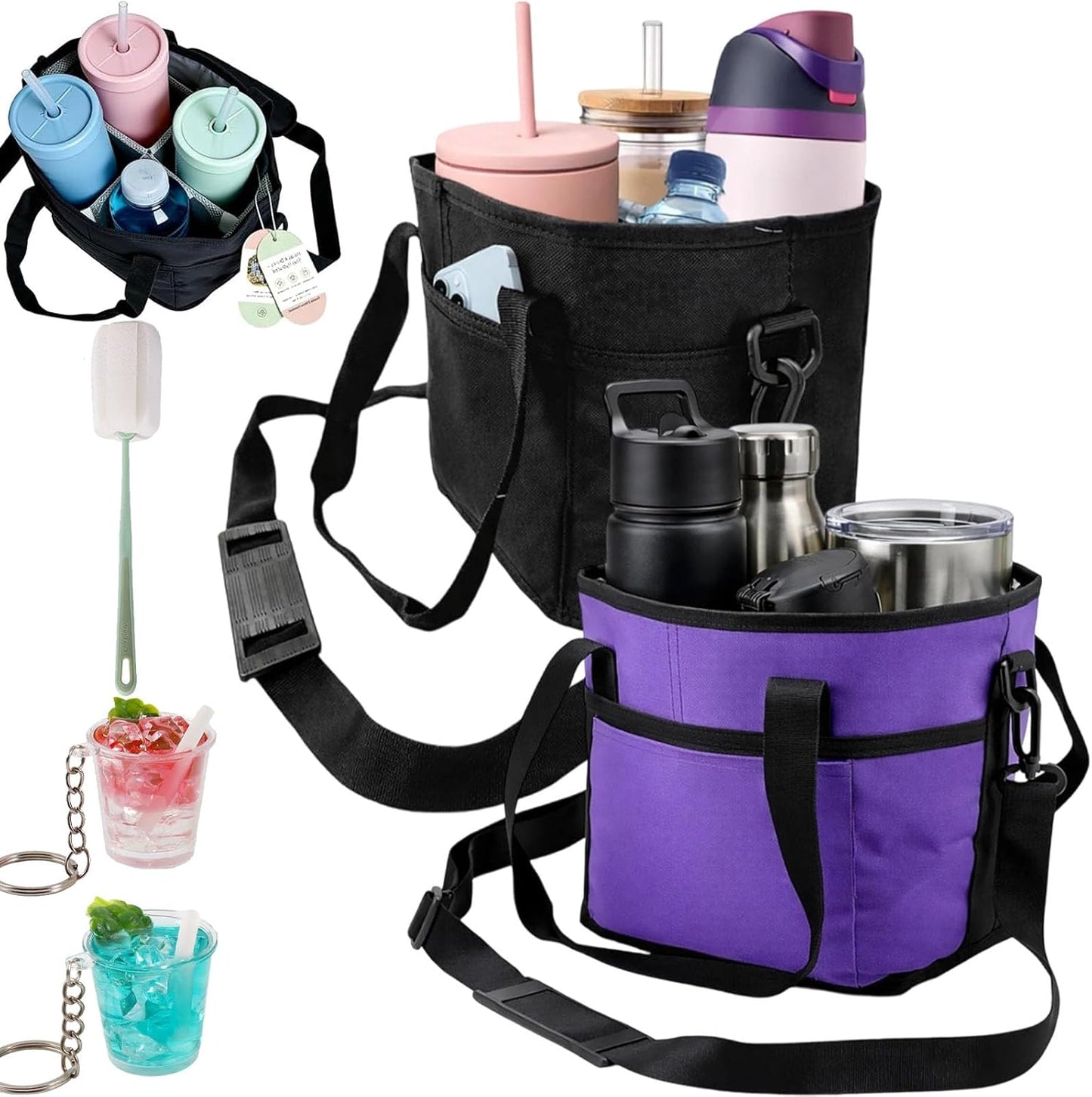 2026 New Family Size 4 Compartment Drink Bag, Reusable Multiple Tumbler Carrier Caddy with Strap, Insulated Drink Carrier Tote Bag for Coffee Cups & Tumblers, Travel (Black+Pink)