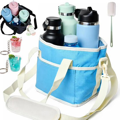 2026 New Family Size 4 Compartment Drink Bag, Reusable Multiple Tumbler Carrier Caddy with Strap, Insulated Drink Carrier Tote Bag for Coffee Cups & Tumblers, Travel (Black+Pink)
