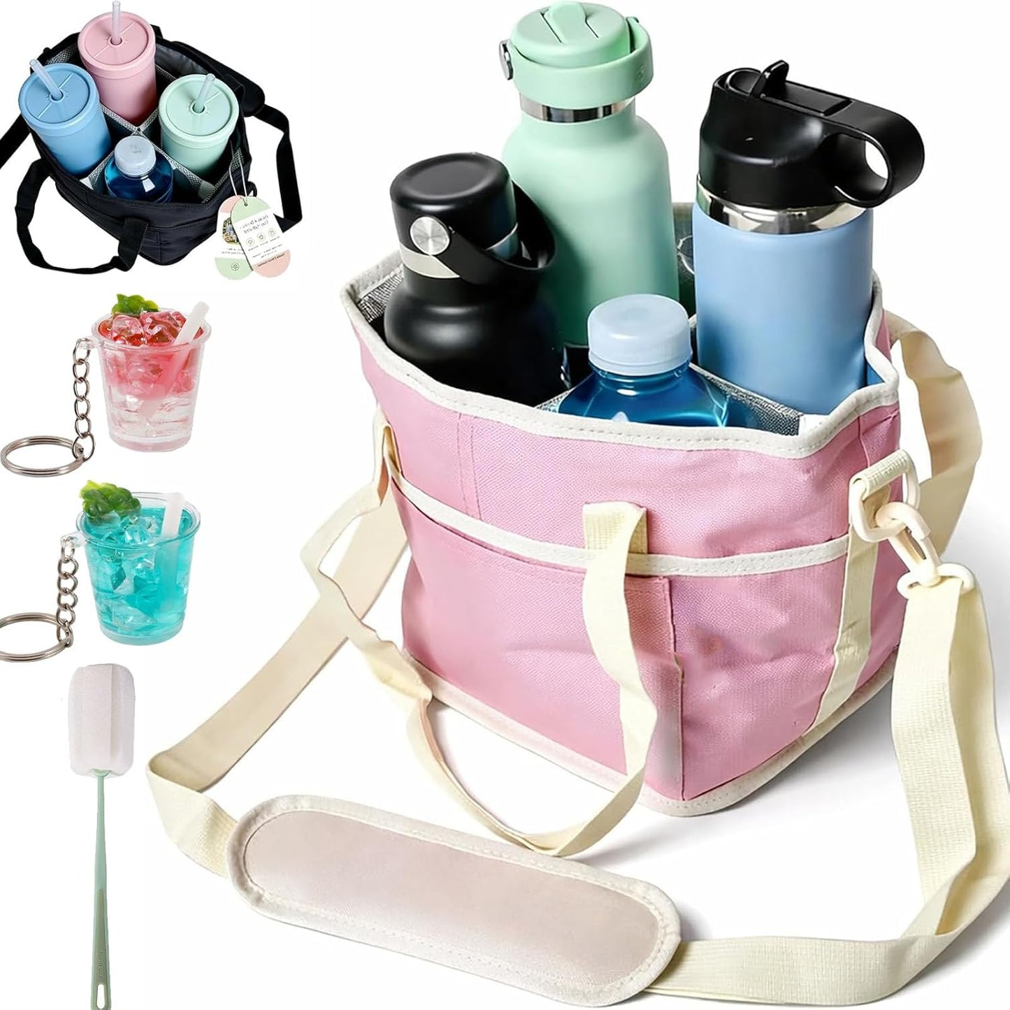 2026 New Family Size 4 Compartment Drink Bag, Reusable Multiple Tumbler Carrier Caddy with Strap, Insulated Drink Carrier Tote Bag for Coffee Cups & Tumblers, Travel (Black+Pink)