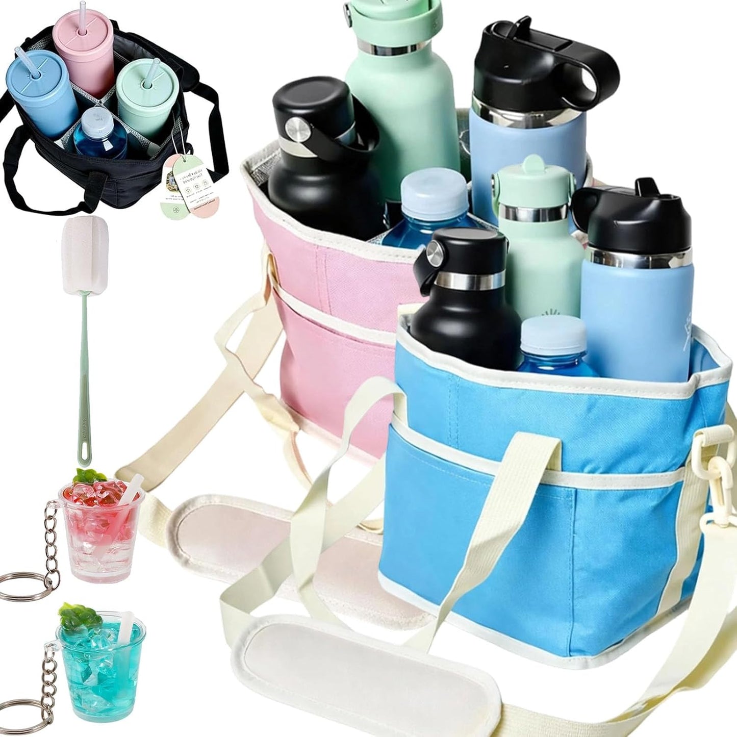 2026 New Family Size 4 Compartment Drink Bag, Reusable Multiple Tumbler Carrier Caddy with Strap, Insulated Drink Carrier Tote Bag for Coffee Cups & Tumblers, Travel (Black+Pink)