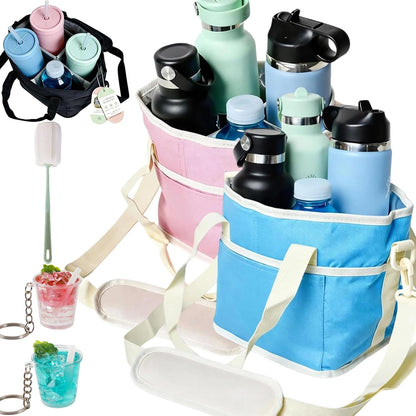 2026 New Family Size 4 Compartment Drink Bag, Reusable Multiple Tumbler Carrier Caddy with Strap, Insulated Drink Carrier Tote Bag for Coffee Cups & Tumblers, Travel (Black+Pink)