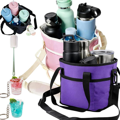 2026 New Family Size 4 Compartment Drink Bag, Reusable Multiple Tumbler Carrier Caddy with Strap, Insulated Drink Carrier Tote Bag for Coffee Cups & Tumblers, Travel (Black+Pink)