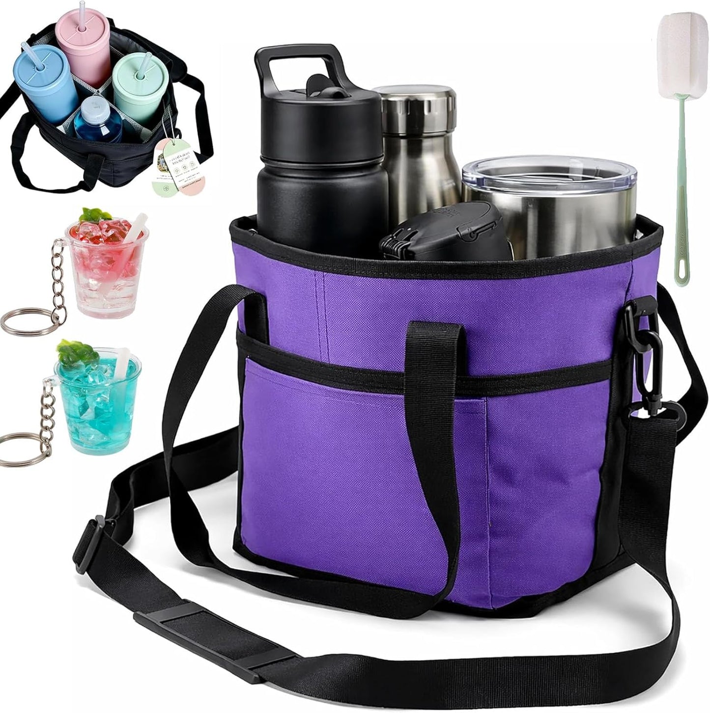 2026 New Family Size 4 Compartment Drink Bag, Reusable Multiple Tumbler Carrier Caddy with Strap, Insulated Drink Carrier Tote Bag for Coffee Cups & Tumblers, Travel (Black+Pink)