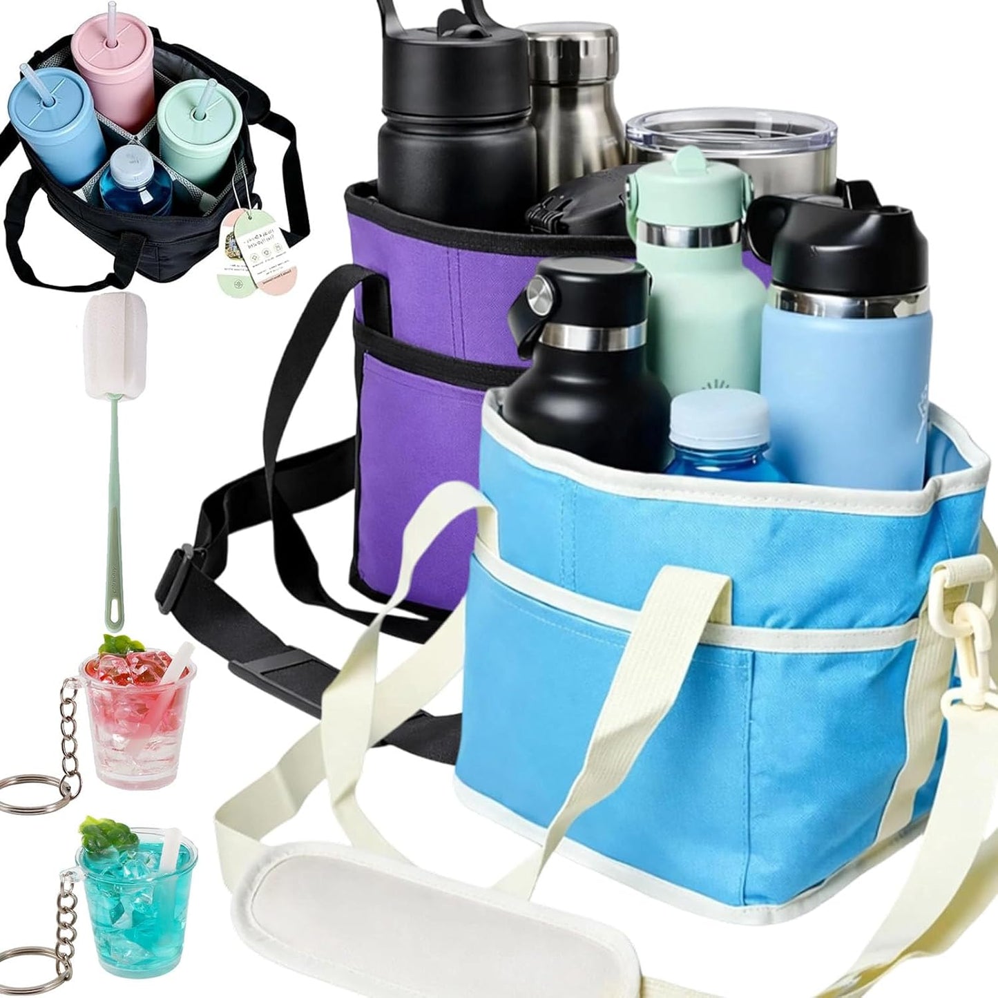 2026 New Family Size 4 Compartment Drink Bag, Reusable Multiple Tumbler Carrier Caddy with Strap, Insulated Drink Carrier Tote Bag for Coffee Cups & Tumblers, Travel (Black+Pink)