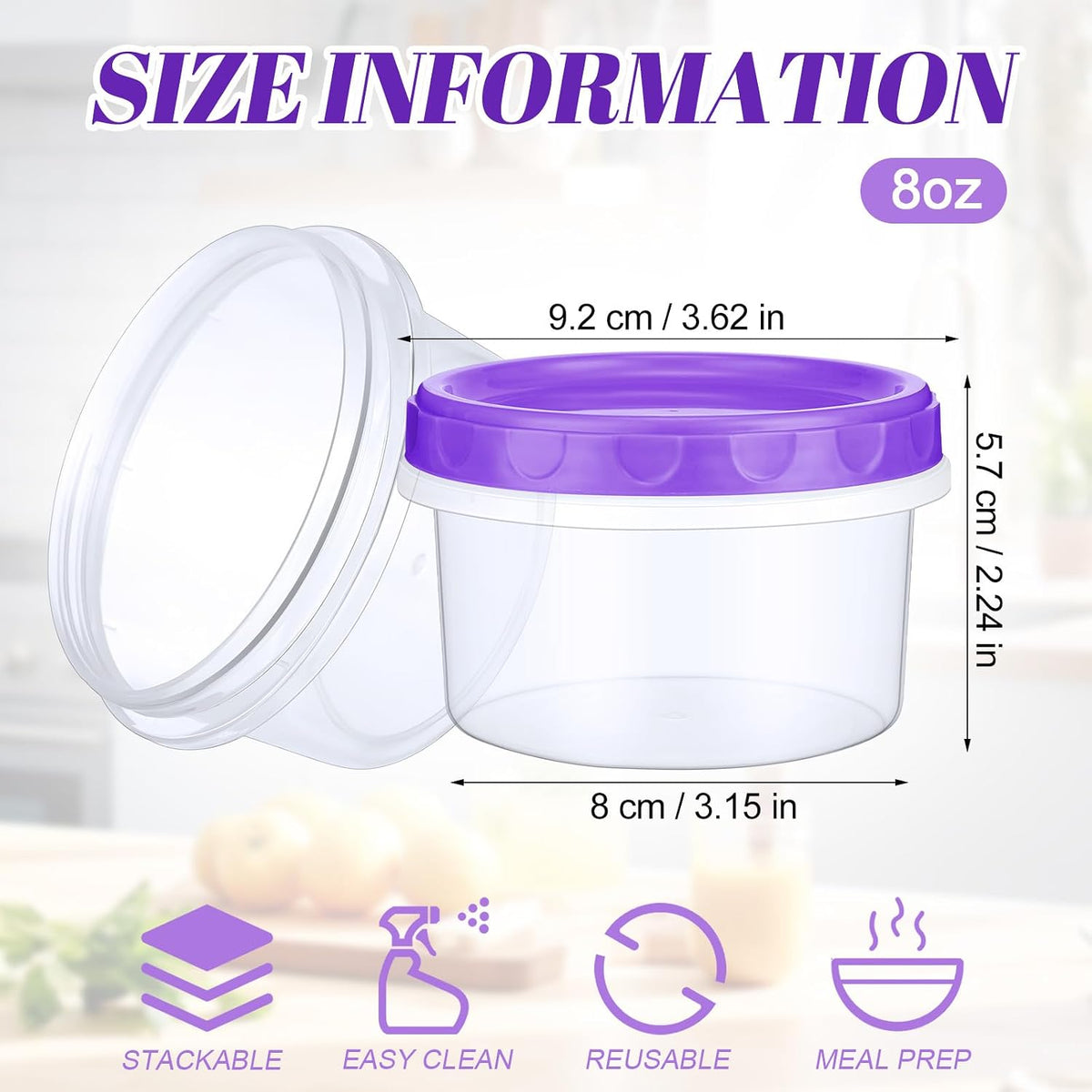 Pack 8 oz Freezer Containers with Lids, Purple, 36