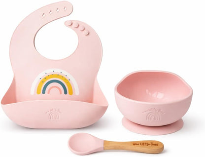 Baby Silicone Bib and Suction Bowl Set – Baby Led Weaning Feeding Set with Adjustable Bib, Food Catcher Pocket, Strong Suction Bowl & Spoon, BPA Free Dishwasher Safe, 6–36 Months
