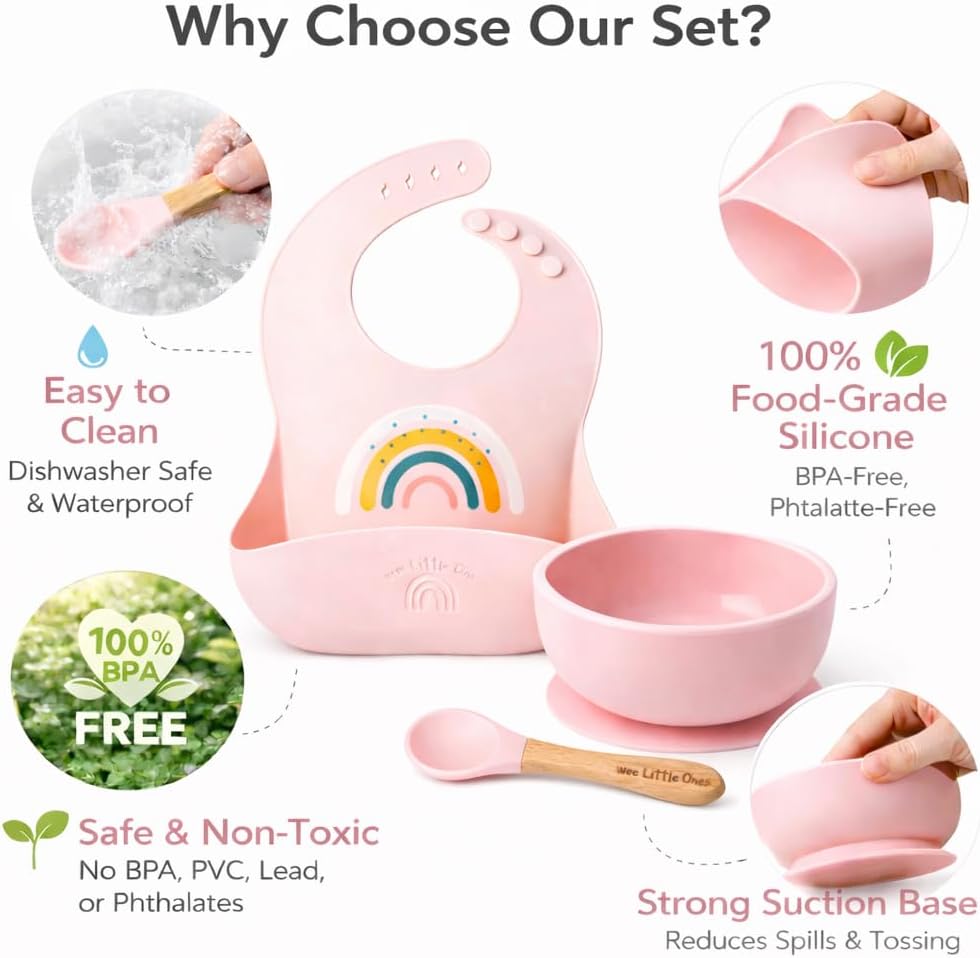 Baby Silicone Bib and Suction Bowl Set – Baby Led Weaning Feeding Set with Adjustable Bib, Food Catcher Pocket, Strong Suction Bowl & Spoon, BPA Free Dishwasher Safe, 6–36 Months