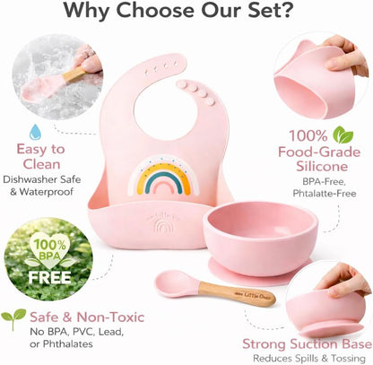 Baby Silicone Bib and Suction Bowl Set – Baby Led Weaning Feeding Set with Adjustable Bib, Food Catcher Pocket, Strong Suction Bowl & Spoon, BPA Free Dishwasher Safe, 6–36 Months