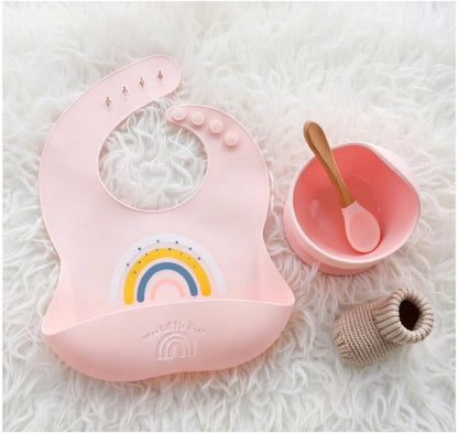 Baby Silicone Bib and Suction Bowl Set – Baby Led Weaning Feeding Set with Adjustable Bib, Food Catcher Pocket, Strong Suction Bowl & Spoon, BPA Free Dishwasher Safe, 6–36 Months