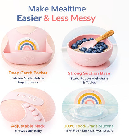 Baby Silicone Bib and Suction Bowl Set – Baby Led Weaning Feeding Set with Adjustable Bib, Food Catcher Pocket, Strong Suction Bowl & Spoon, BPA Free Dishwasher Safe, 6–36 Months