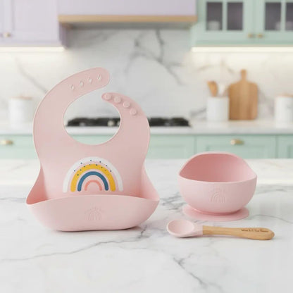 Baby Silicone Bib and Suction Bowl Set – Baby Led Weaning Feeding Set with Adjustable Bib, Food Catcher Pocket, Strong Suction Bowl & Spoon, BPA Free Dishwasher Safe, 6–36 Months